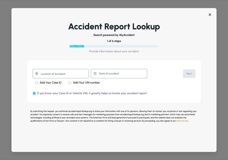 AccidentReportLookup.org wizard step one of six asking for accident location, date, case ID and VIN number