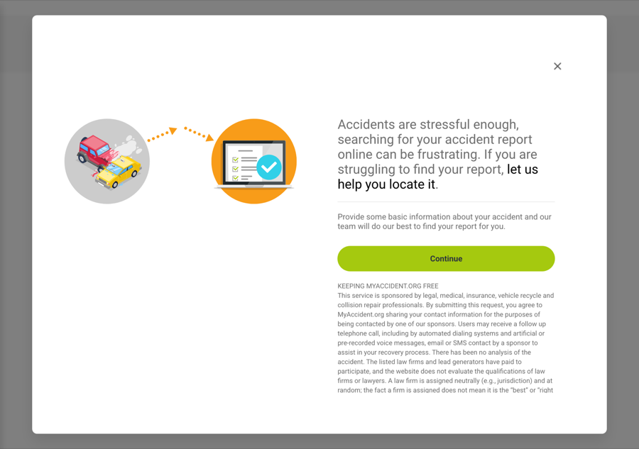 MyAccident.org popup saying let us help you locate it with a Continue button and the sponsor fine print directly underneath