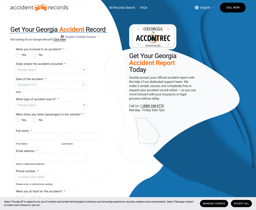 AccidentRecords.net Georgia page promising a completely free accident record while the form requires your phone number and whether you were at fault