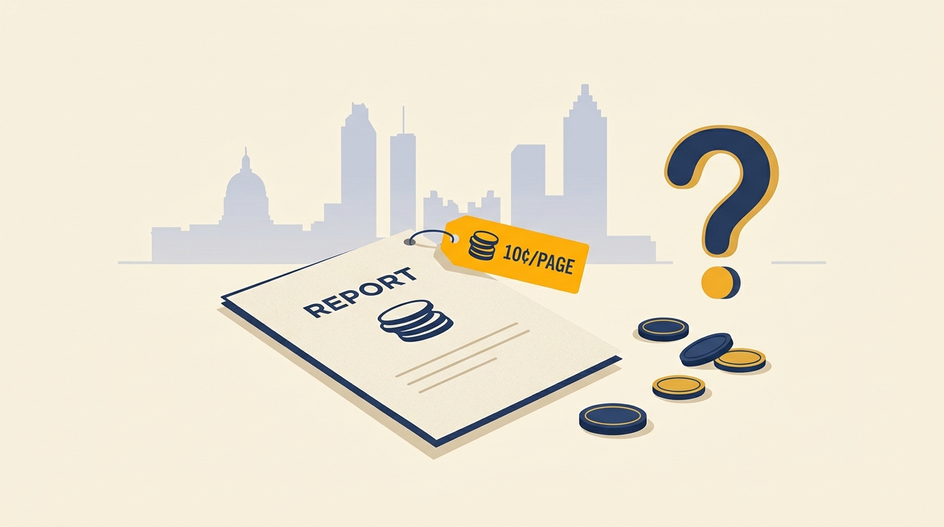 An Atlanta accident report with a ten-cents-per-page tag and coins beside a question mark asking if reports are free