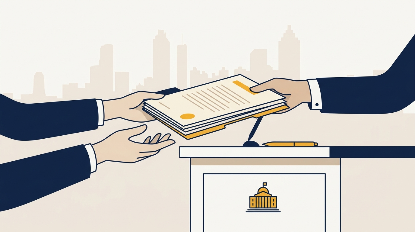 Hands receiving a printed copy of an Atlanta car accident report at a records-office counter
