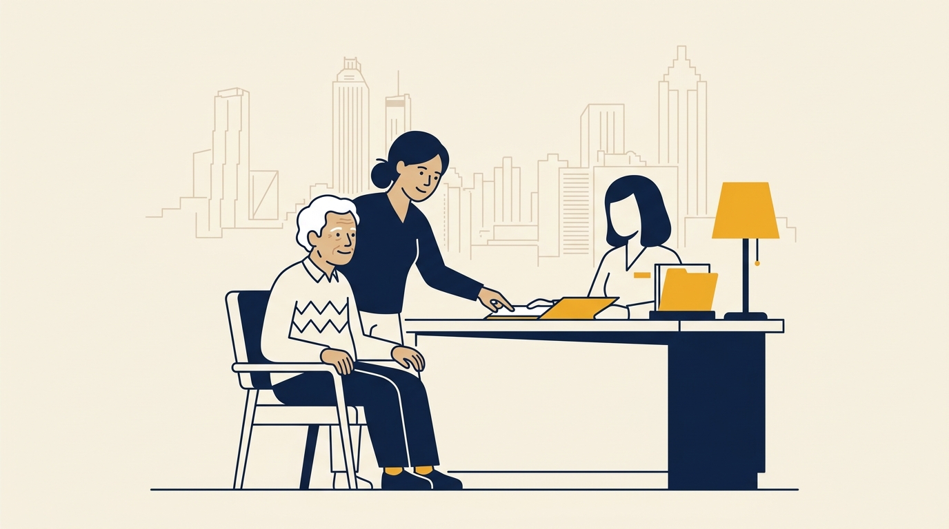 A person helping an older family member obtain their Atlanta car accident report at a records counter