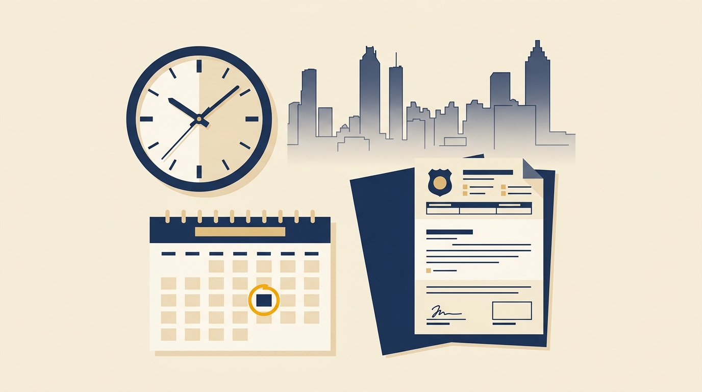 A clock and calendar with a circled date beside a police report form, showing the deadline to file after an Atlanta crash