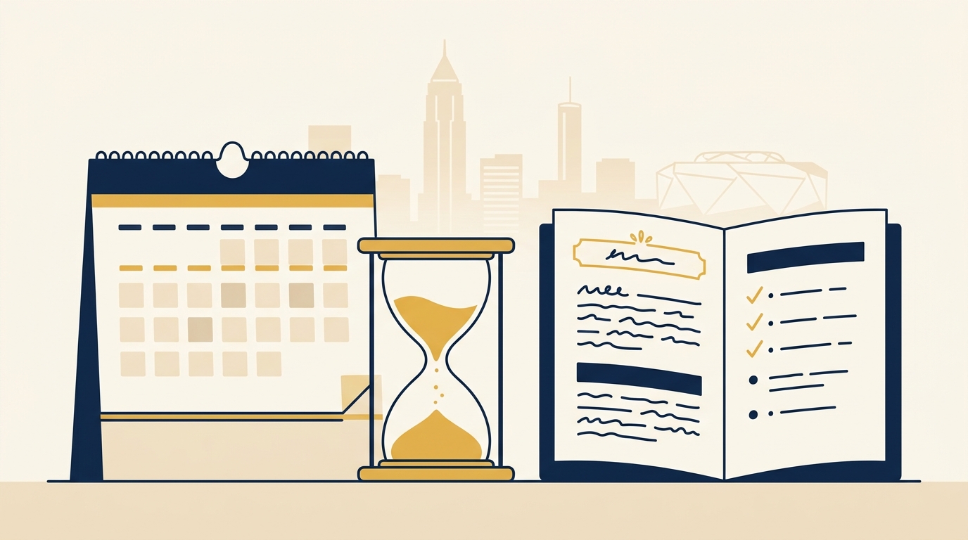 A calendar and hourglass beside a report, showing how long an Atlanta police report takes to become available