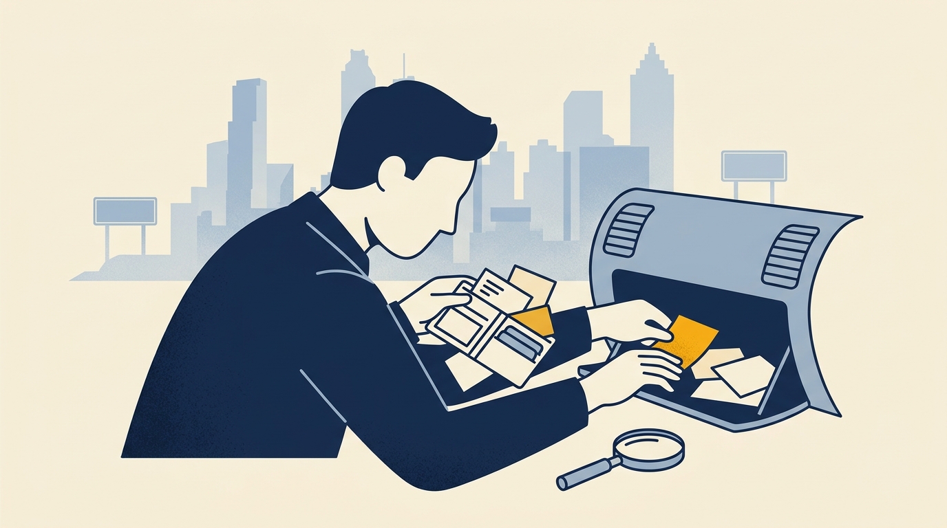 Atlanta driver searching for a lost accident report number in a wallet and glovebox