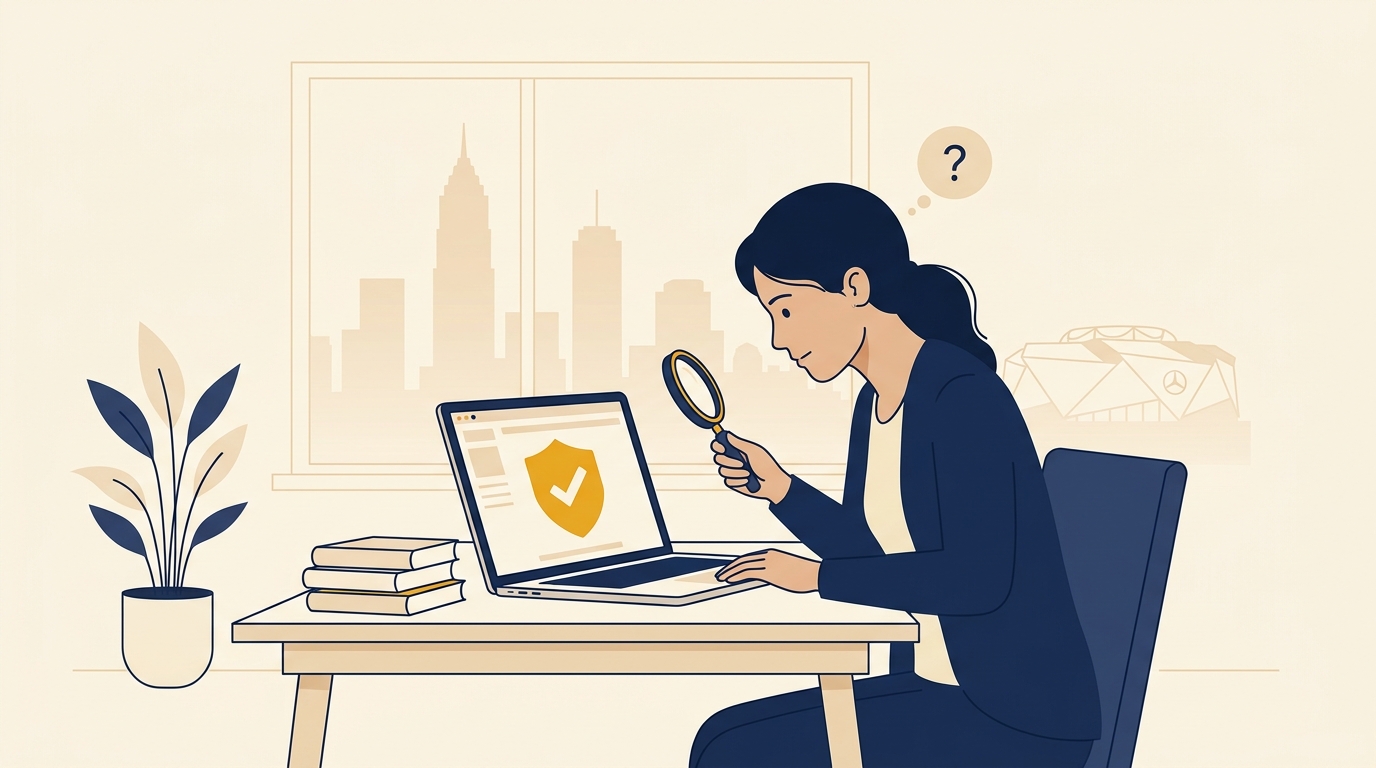 Atlanta driver checking whether the BuyCrash website is legitimate and safe before ordering a crash report on a laptop
