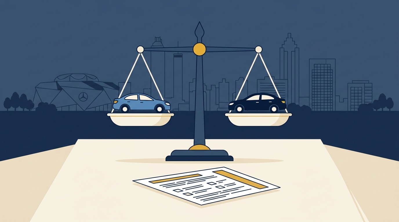 A balance scale weighing two cars over an Atlanta accident report, illustrating who determines fault